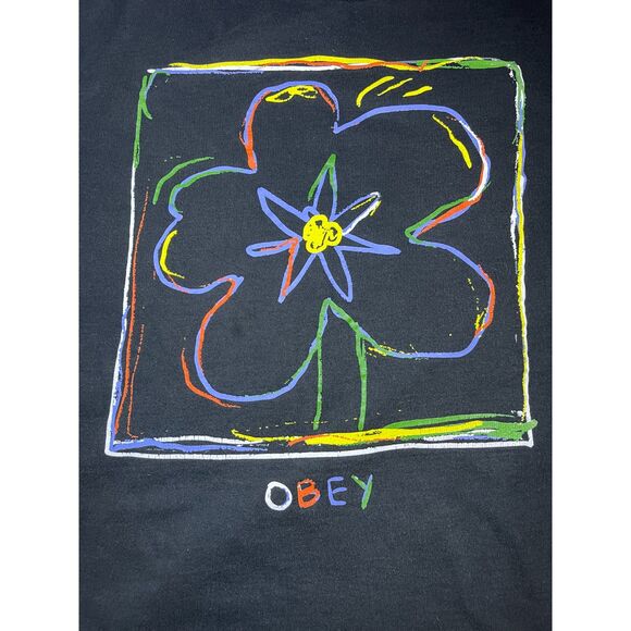 OBEY Crayon Men's Crewneck Sweatshirt Colorful Flower XXLx Black Long Sleeve - Picture 2 of 8